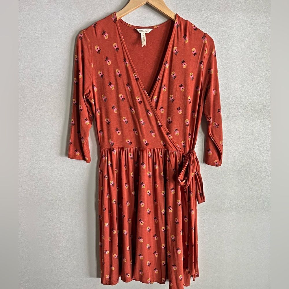 Matilda Jane Isn’t It Lovely Faux Wrap Dress Orange Floral Jersey Knit Small